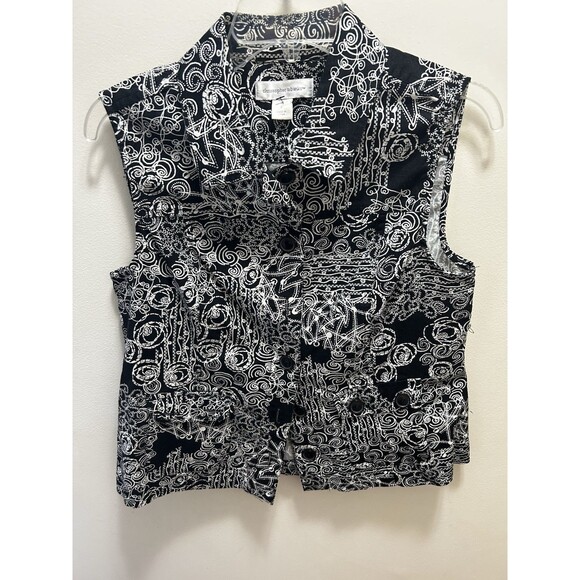 Christopher & Banks Women’s Vest S Black White Abstract Print Cotton Button Up - Picture 1 of 5